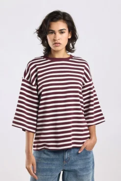 T-shirt Elly gestreept t-shirt met effen kraag