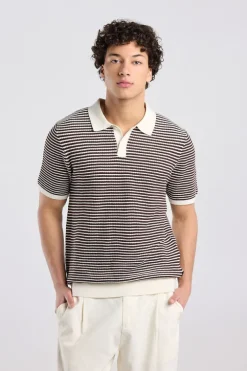 T-shirt Kenneth knit polo t-shirt met knoopsluiting en strepen