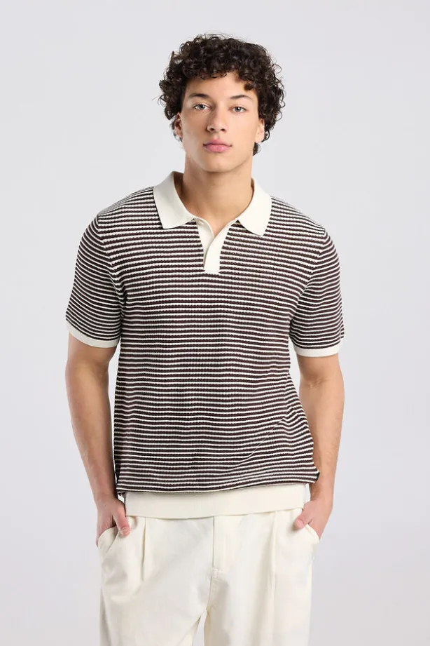 T-shirt Kenneth knit polo t-shirt met knoopsluiting en strepen
